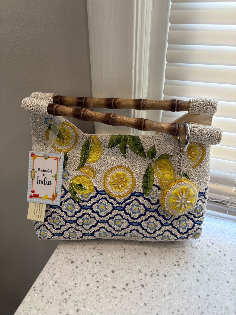 NWT Handcrafted India Beaded Lemon Floral Bamboo Handle Bag White Yellow